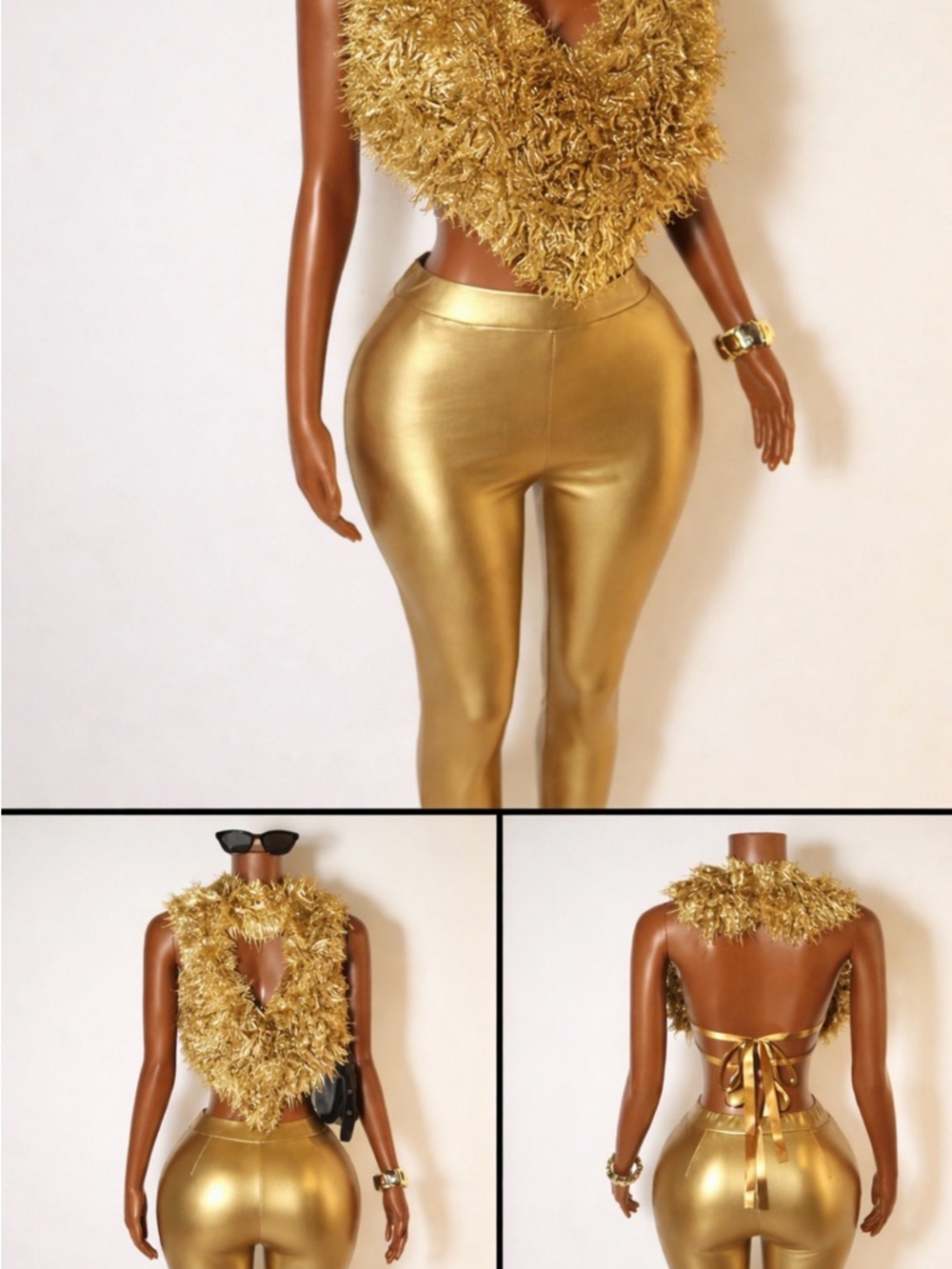 Fashion Nova Gold Textured Fuzzy V-Neck Crop Top